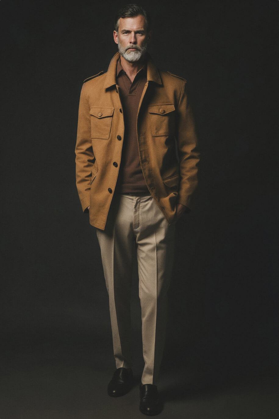 Brown shawl collar with belt loops RRP 259 € Hockerty / Chocolate brown buttonless pique polo shirt RRP 49 € Hockerty / Tan trousers RRP 109 € / Men's loafers in brown, burgundy and black leather and split leather RRP 173 € / Men's moccasins in brown, burgundy and black leather RRP 173 € Hockerty
