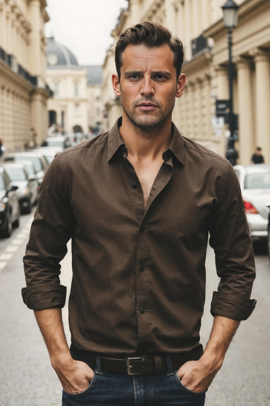 Camisa de lino marrón intenso Hockerty PVP 89 € Hockerty / Jeans straight fit azules PVP 119 € Hockerty