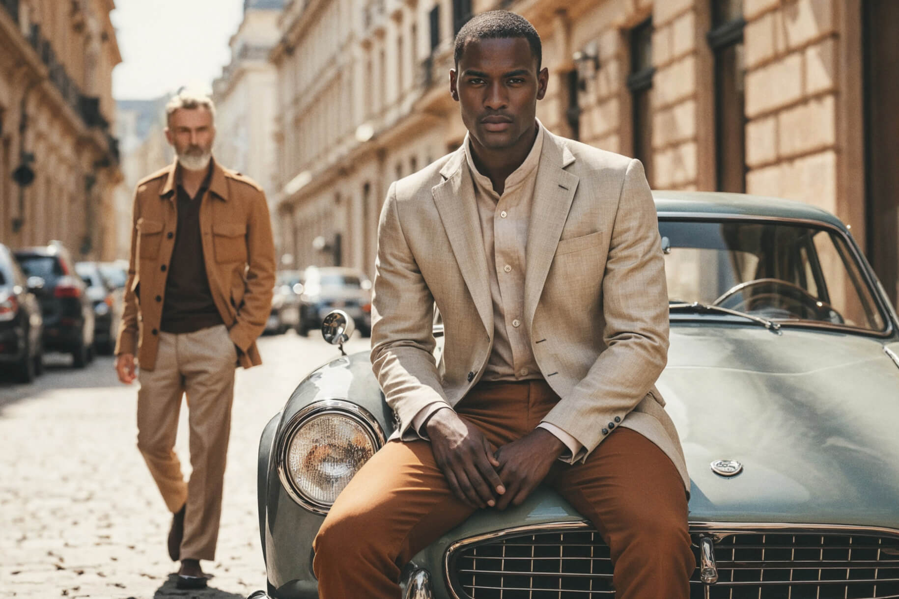 Beige linen blazer RRP 179 € Hockerty / Premium cream linen-cotton mandarin collar shirt RRP 109 € Hockerty / Camel chino trousers RRP 89 € Hockerty