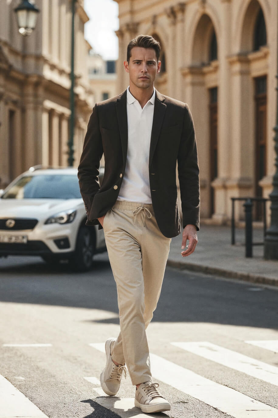 Hockerty unlined chocolate jacket with patches RRP 215 € / Unbuttoned white piqué polo shirt RRP 49 € Hockerty / Beige chino trousers RRP 89 € Hockerty / Grey split leather sneaker RRP 129 € Hockerty / Grey split leather sneaker RRP 129 € Hockerty / Beige chino trousers RRP 89 € Hockerty / Grey suede sneaker RRP 89 €