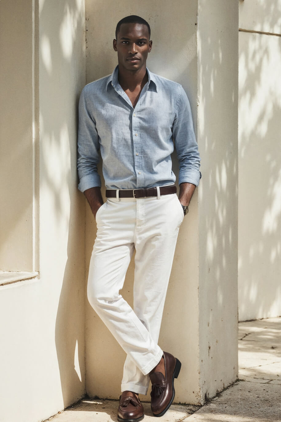Premium light blue cotton shirt RRP 109 € Hockerty / Straight white jeans Hockerty /Tassel Loafer in brown leather RRP 173 € Hockerty