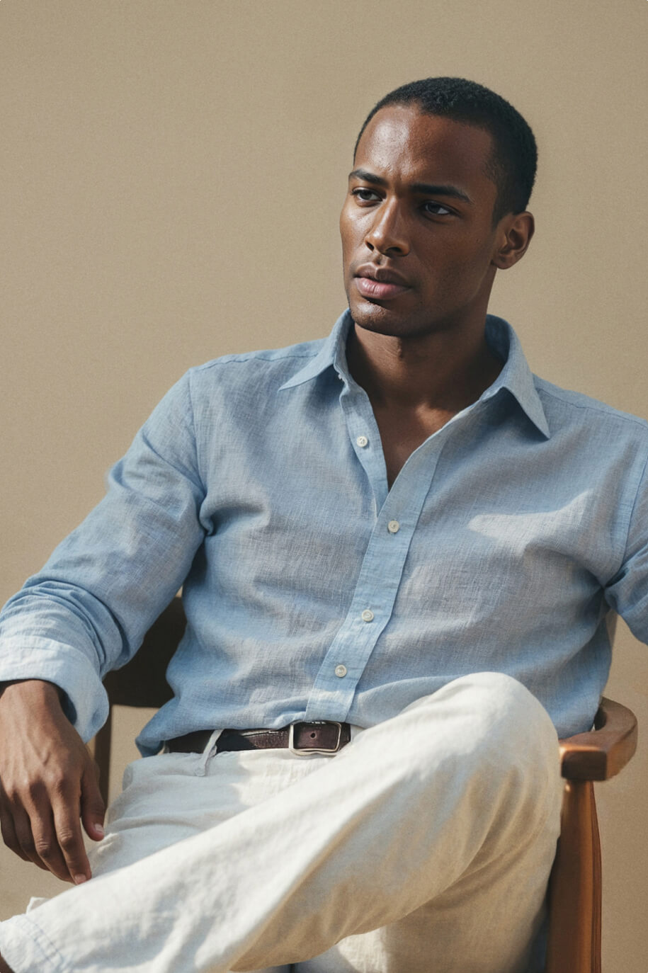 Premium light blue cotton shirt RRP 109 € Hockerty / Straight white jeans Hockerty /Tassel Loafer in brown leather RRP 173 € Hockerty