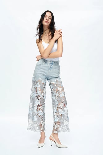 Embroidery High Rise Wide Leg Lace Denim Jeans With Rhinestone
