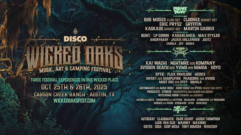 Disco Presents annonce la première édition du festival Wicked Oaks (musique, art et camping) à Austin, Texas, en octobre 2025.