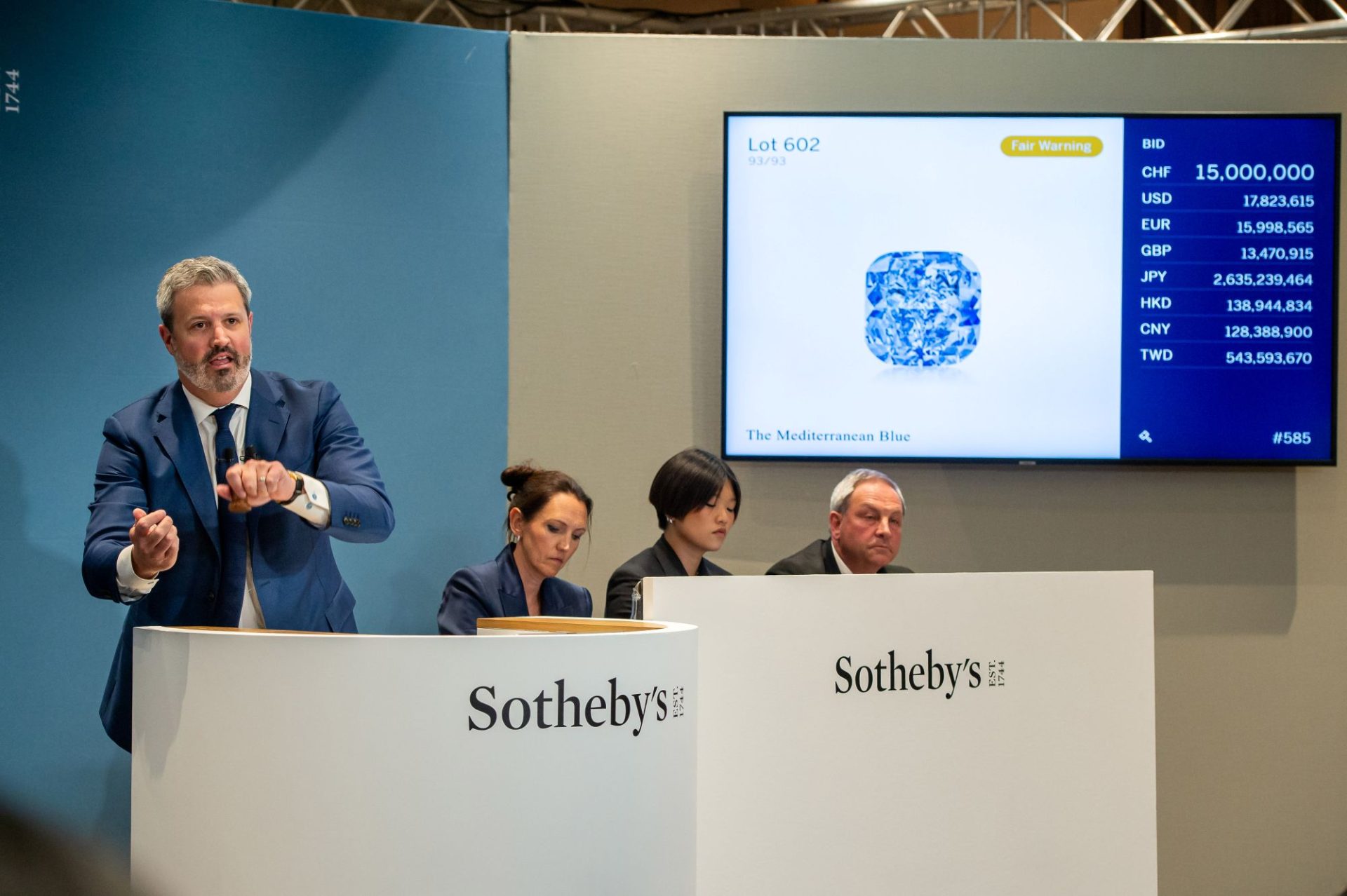 Quig Bruning, Sotheby's Head of Jewelry, Americas & EMEA sells the Mediterranean Blue Diamond in Geneva