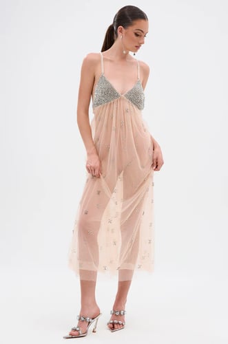 DO YOU BELIEVE IN LOVE RHINESTONE MESH MIDI DRESS
