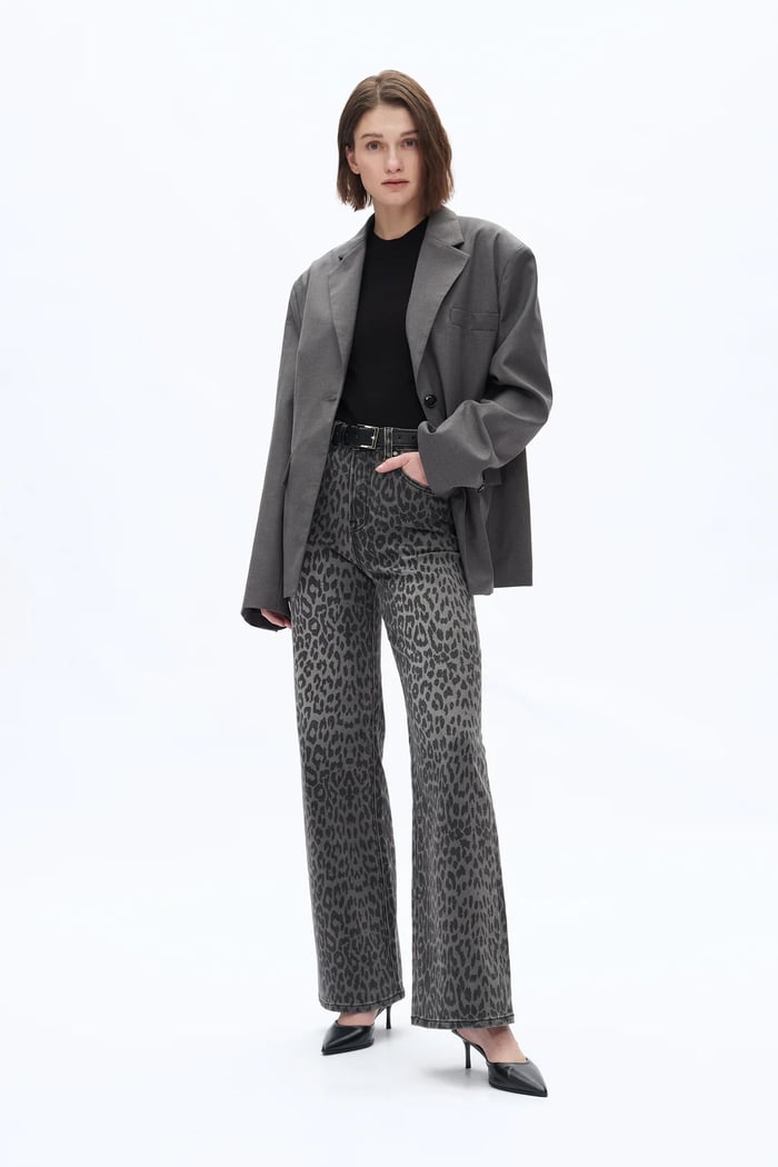 BAYEAS High Rise Leopard Print Wide Leg Denim Jeans