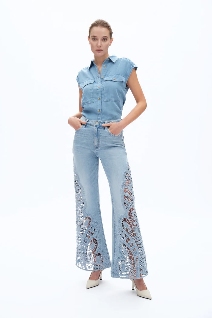 BAYEAS Ultra High Rise Lace Patchwork Wide Leg Denim Jeans