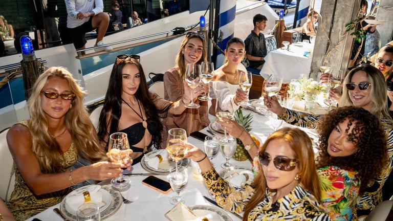 Olivia Elliott, Vanessa Christine, Priscilla Ricart, Maria Victoria, Leli Hernandez, Zashia Santiago, and Riss Dubois wearing Luli Fama at Luli Basel during Art Basel Miami at Kiki On The River (2)