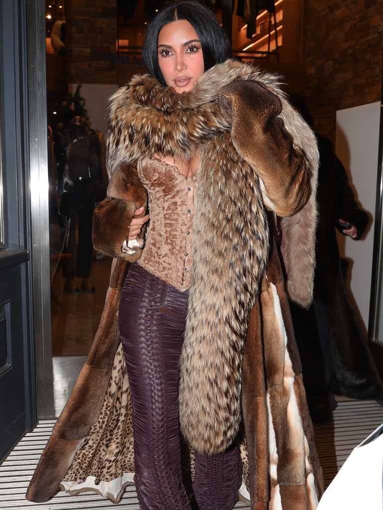 Kim Kardashian Ignites Aspen Street Style in Velvet Corset, Leather Pants & Luxe Fur